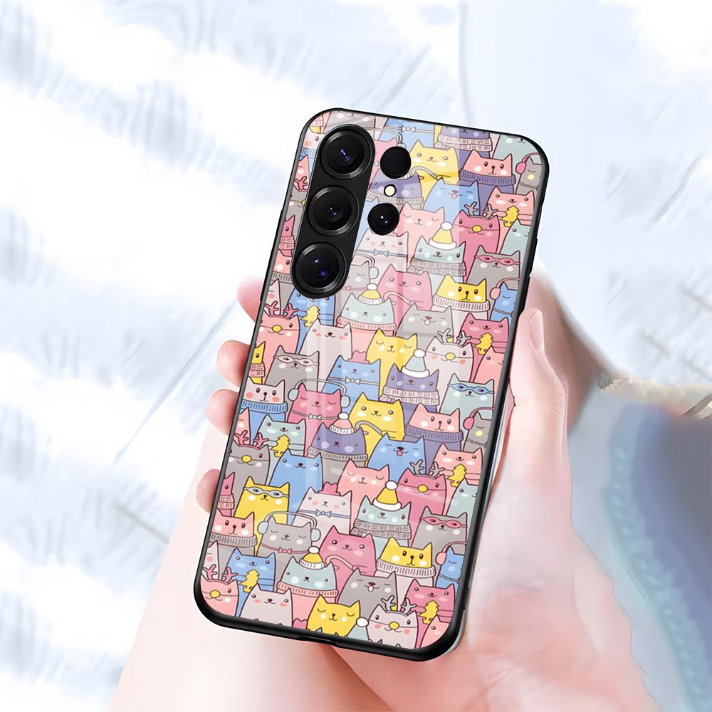 Чехол для телефона с милыми кошками на фоне Для Samsung S26 S25 S24 FE S23 S22 S21 Plus S20 Ultra Note20Ultra Черная стеклянная крышка