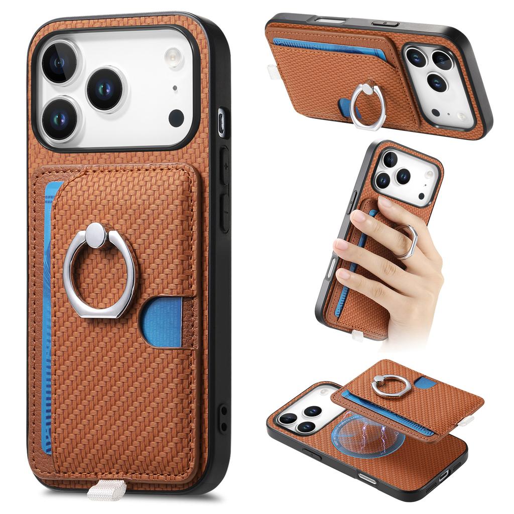 For iPhone 17 Pro Case Ring Kickstand Leather Back Cover with Magnetic Detachable Card Holder