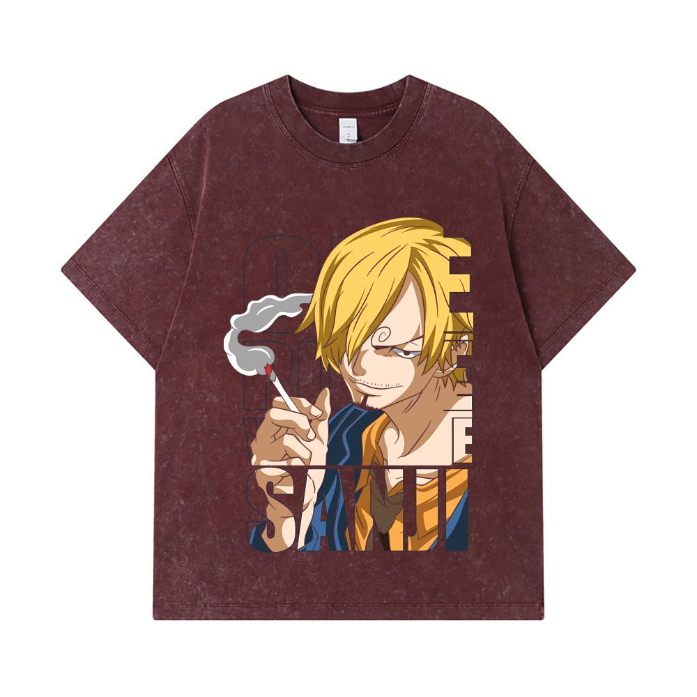 275 GSM Washed T-shirts 100% Cotton One Piece V62 Sanji Print Unisex Heavy Cotton T Shirt