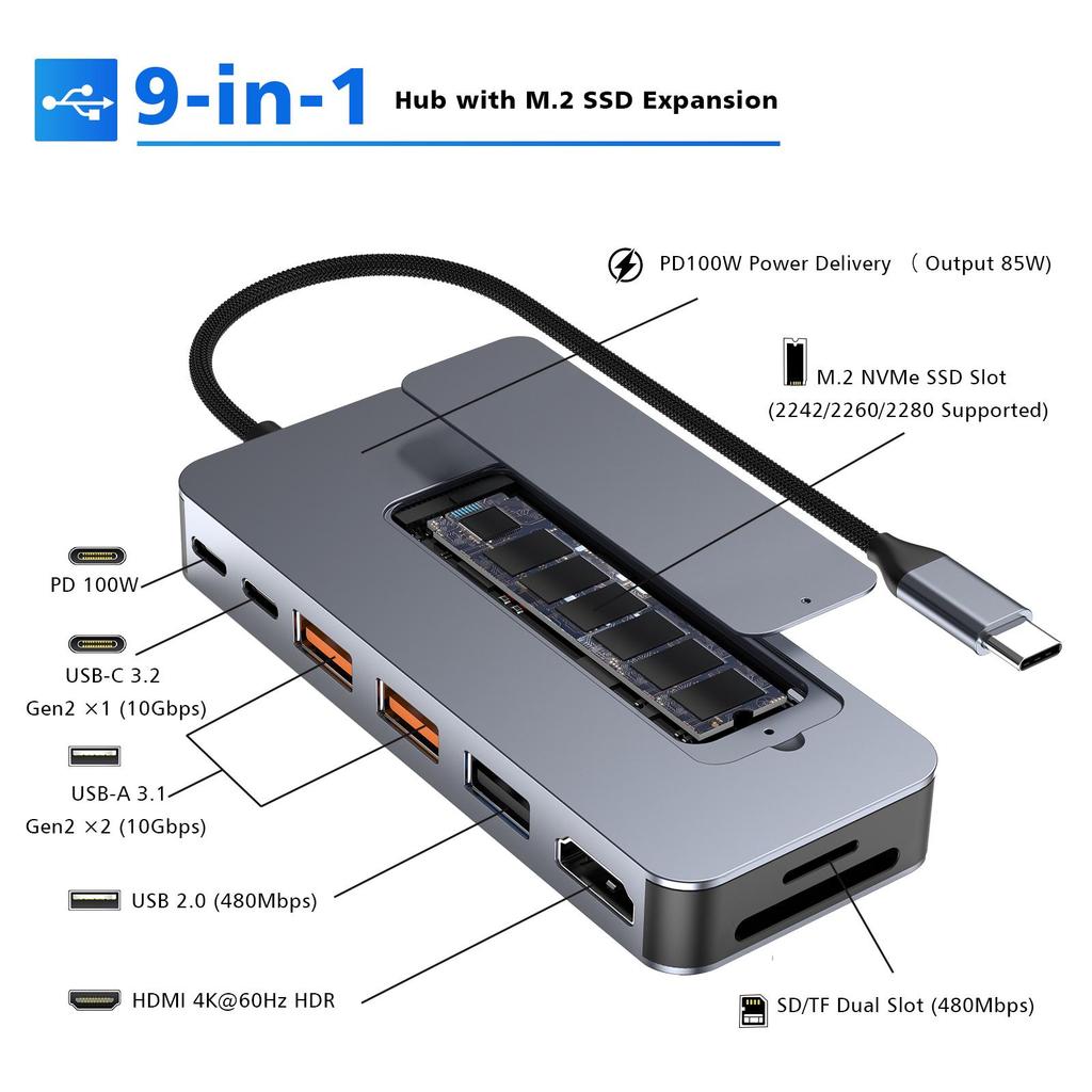 USB-C хаб с корпусом для M.2 SSD, док-станция USB C 9-в-1, подходит для M.2 NVMe SSD, 10 Гбит/с, HDMI 4K@60 Гц, 100 Вт PD, кардридер SD/TF