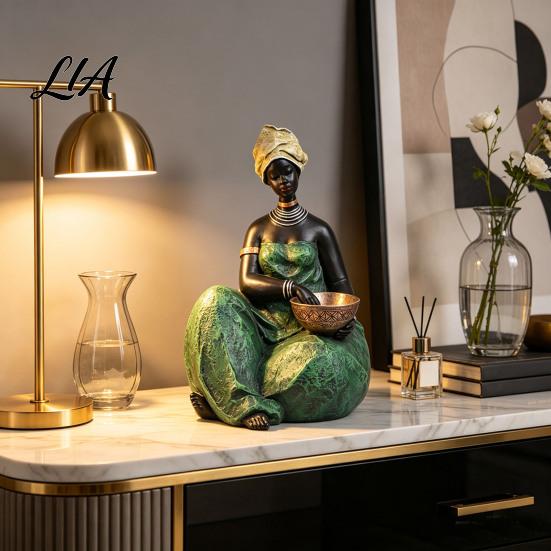 Display Cabinet Accents African Lady Figurine, Resin Ethnic Sitting/Standing Woman Statue, Hand-Painted Bohemian Home Decor for Statue Living Room TV