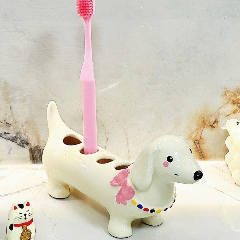 4 Slot Dachshund Toothbrush Holder Ceramic Toothpaste Toothbrush Base Bathroom Accessories