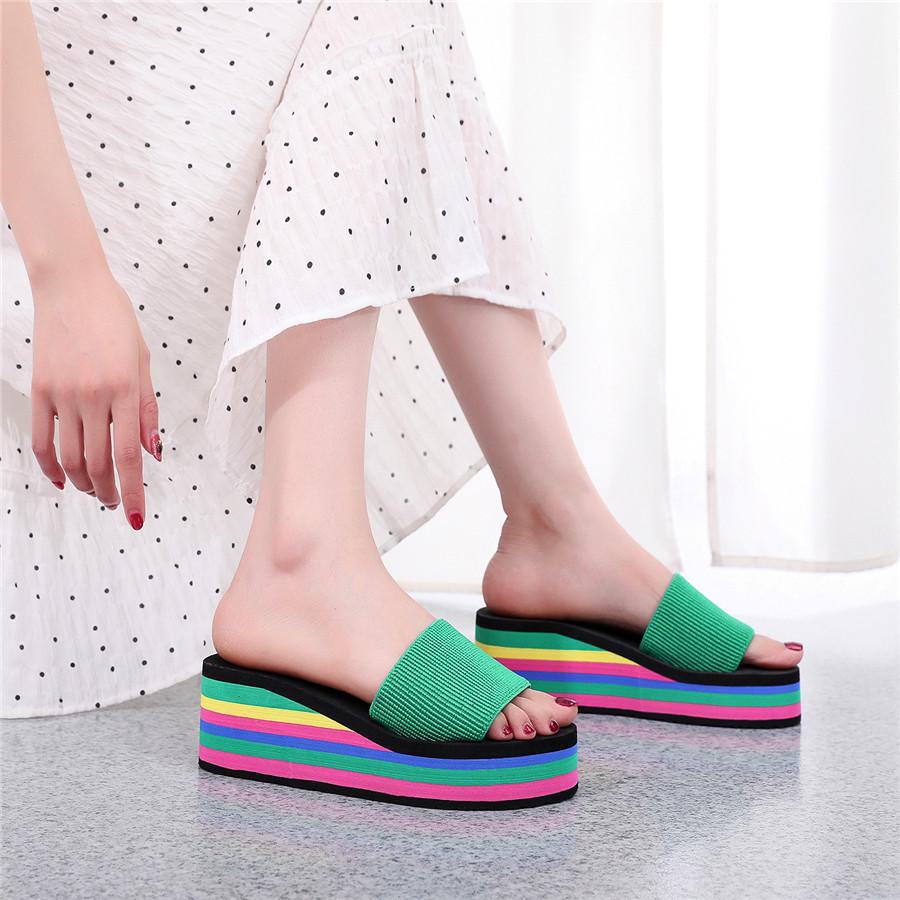 Rainbow Herringbone High-Heel Women's Flip Flops - Summer Beach Sandals