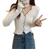 Spring Korean Design V Neck Ruffle Blouse Women Slim Long Sleeve Knit Cardigan