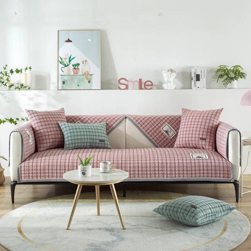 1 PCS Cotton Red Plaid Sofa Cover Towel Multi-size Couch Backrest Armrest Seat L Shape for Living Room Modern Minimalist Corner
