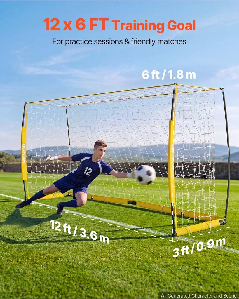 VEVOR Soccer Goal 3.6 x 1.8 m Soccer Net for Backyard Collapsible Base Yellow, Portable & Quick Setup, with Metal Base, Carry Bag, Ground Stakes