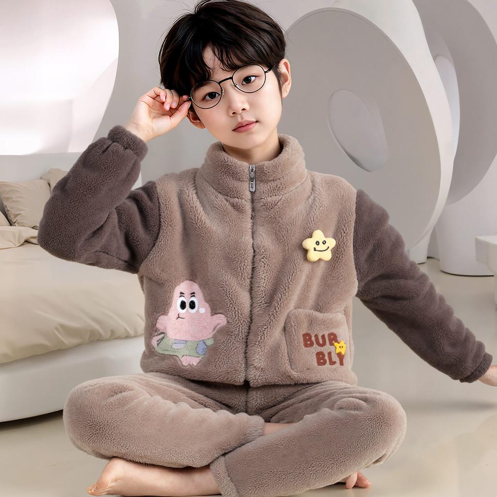 Kids Flannel Pajamas Set Boys Girls Warm Long Sleeve Top And Pants Sleepwear Winter Home Nightwear