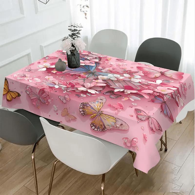 1pc Pink Floral Butterfly Tablecloth, 152.4x218.44 cm, Rectangle, Polyester, Easy to Clean, for Dining Tables, Kitchen, and Coffee Tables, Vibrant Pat
