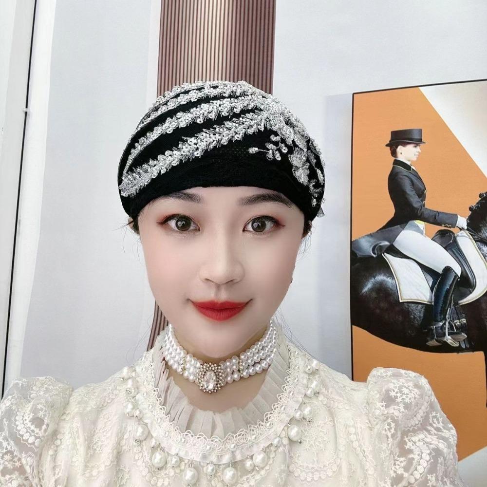 Head Scarf Lace Turban Hats Rhinestone Islamic Under Scarf Solid Color Summer Thin Headscarf  Girls