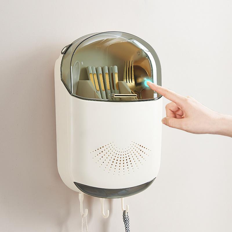 Wall-Mounted Dustproof Chopstick Holder Multi-functional Cutlery Holder Kitchen Knife Fork Spoon Container with Lid for Drainage