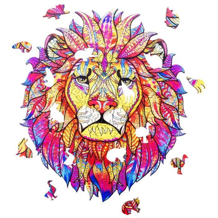 602220 - Puzzle en Bois Animaux : Lion A3 - 218 pcs - Formes uniques - Puzzle Adultes - Boite cadeau - Dès 12 ans.
