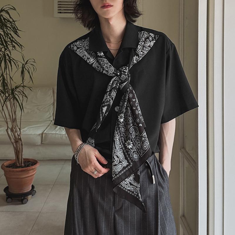 INCERUN Мужские повседневные рубашки оверсайз с лацканами, шарфом на шее и коротким рукавом