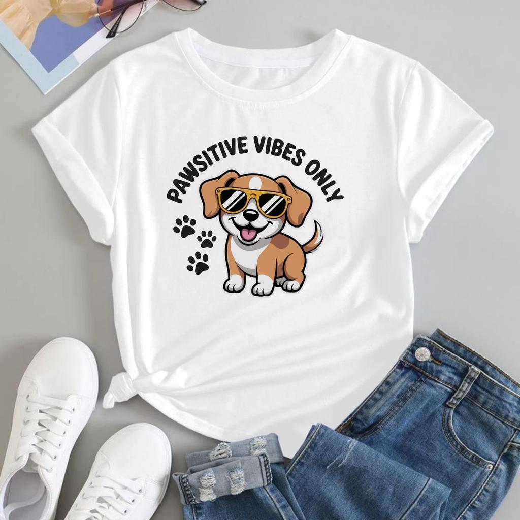 Cute Puppy Graphic T-shirt Pawsitive Vibes Only, Funny Unisex 100% Cotton T-Top