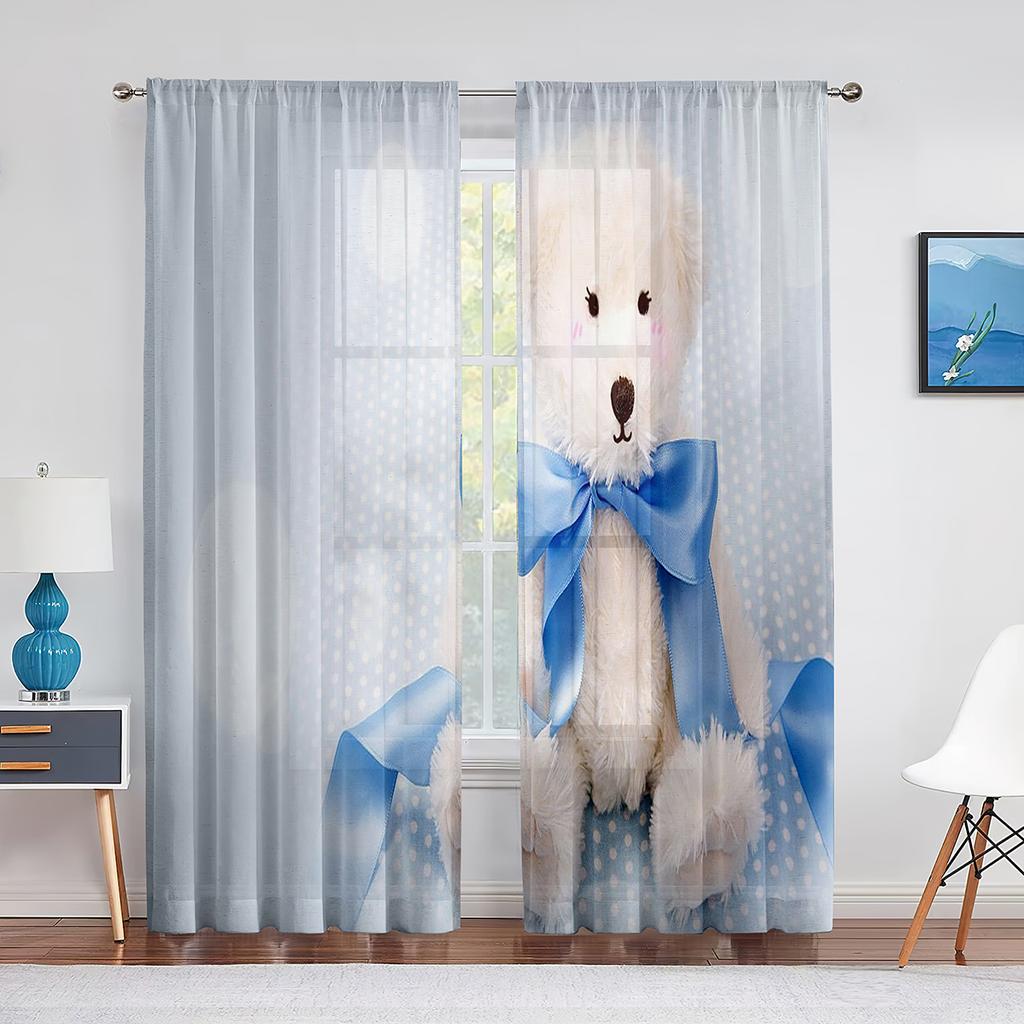 Семейные тюлевые шторы Happy Teddy Bears для кухни, гостиной, спальни, прозрачный шифон, прозрачная оконная занавеска из вуали