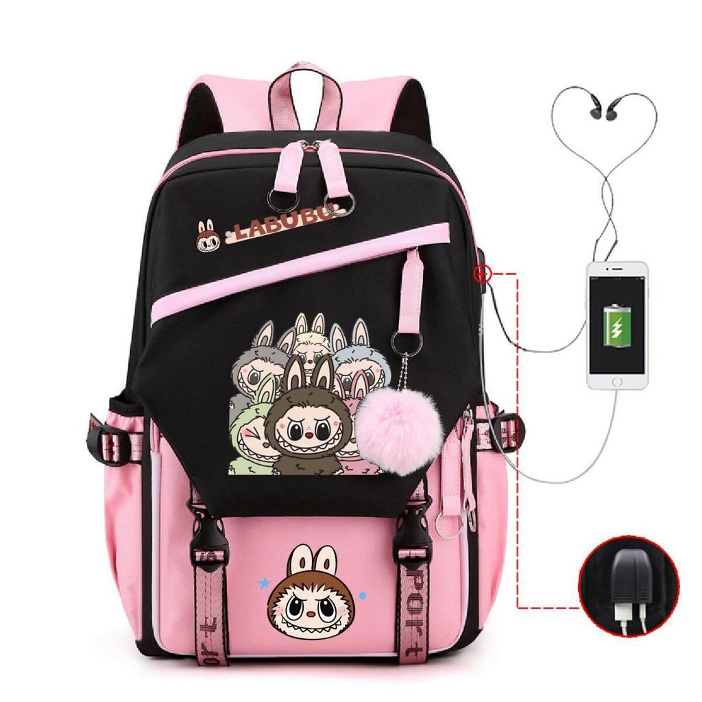Студенческий школьный рюкзак с принтом Лабубу, многофункциональный, большой вместимости, с USB-портом