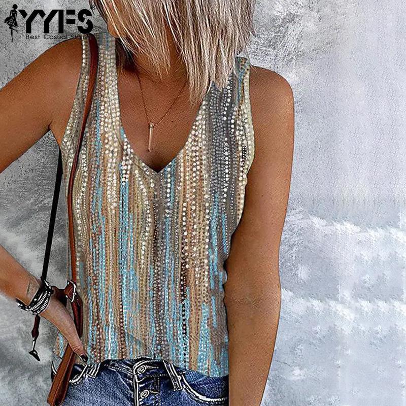 YYFS Женская мода повседневная летняя весна цветные блоки принт без рукавов V-образный вырез блузки и рубашки