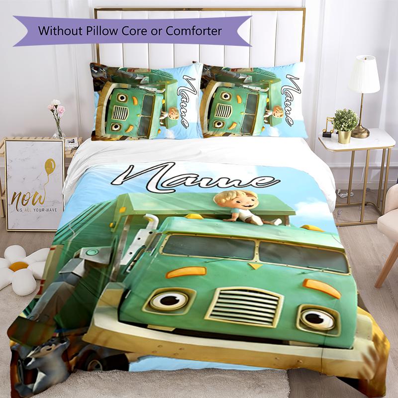 3pcs Custom Name Trash Truck Bedding Set Duvet Cover Closure Includes 1 Duvet Cover & 2 Pillowcases for All Seasons Bedroom Decor