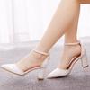 Большие размеры толстый каблук остроносый полые босоножки весенние квадратный каблук неглубокий носок женские туфли белые пряжки свадебные высокие каблуки