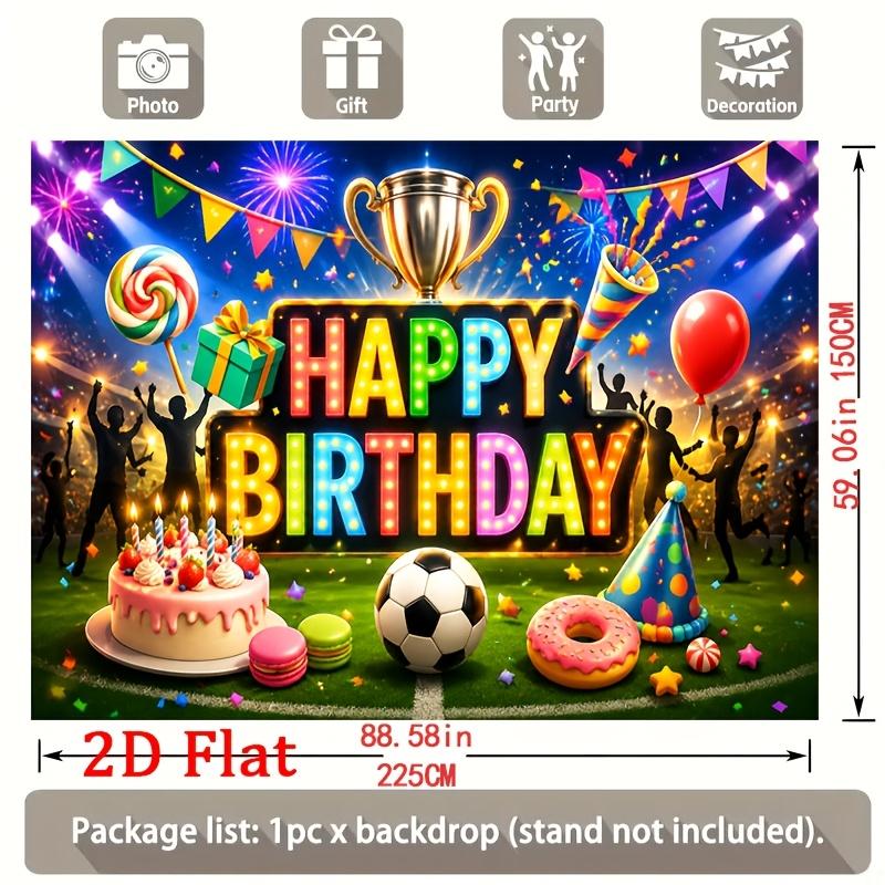 Vibrant Carnival-Style Celebration Scene with Bold Happy Birthday Lettering, Trophy, Colorful Bunting, Lollipops, Gift Box, Cake, Soccer