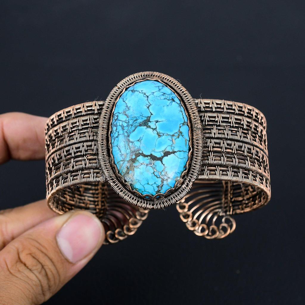 Драгоценный камень бирюзовый, чистая медная проволока, завернутая в манжеты/браслет ручной работы, регулируемые ювелирные изделия