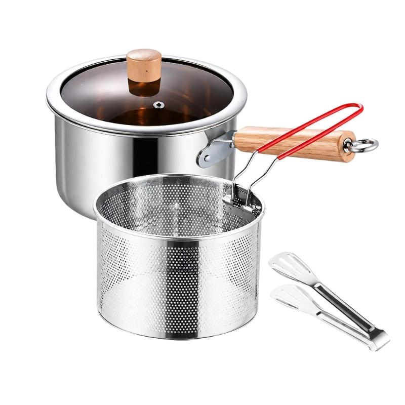 Round Deep-Frying Pot with Formed Body, Perforated Draining Basket, and Food Tongs for Handling Kitchen Recipes from Cooking Through Serving