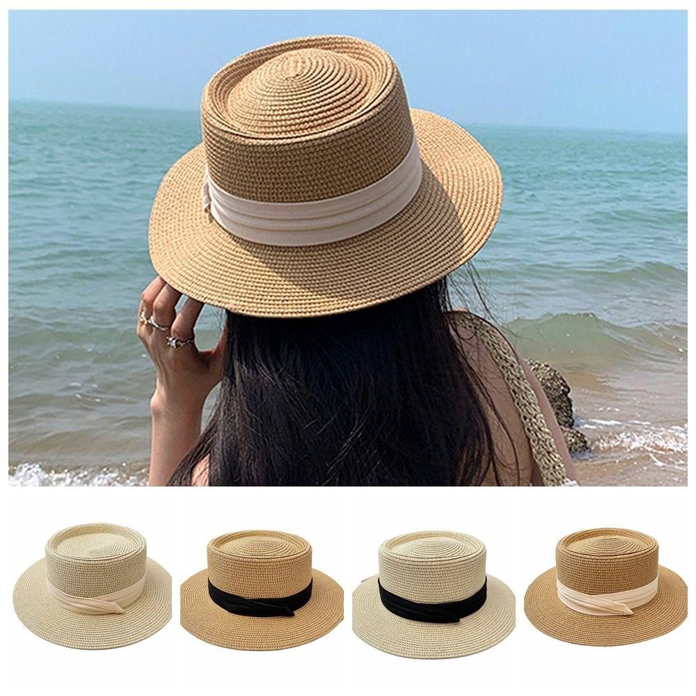 Шляпа-канотье из соломы в корейском стиле, с широкими полями, женская, солнцезащитная, простая, для защиты от солнца, женская
