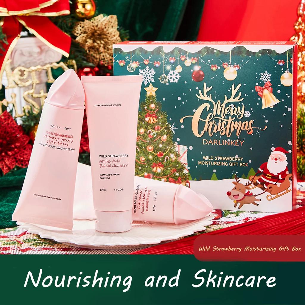 Увлажняющий рождественский подарочный набор Wild Strawberry Крем для рук Лосьон для тела Очищающее средство для лица Комбинированные корейские наборы по уходу за кожей Продукты