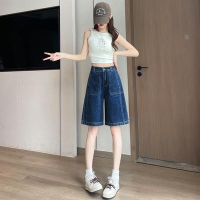 Ретро Синие Джинсовые Шорты-пятиточки с высокой талией для женщин Летом Тонкие Прямые и Свободные Новый Стиль Стройнящие Широкие брюки средней длины