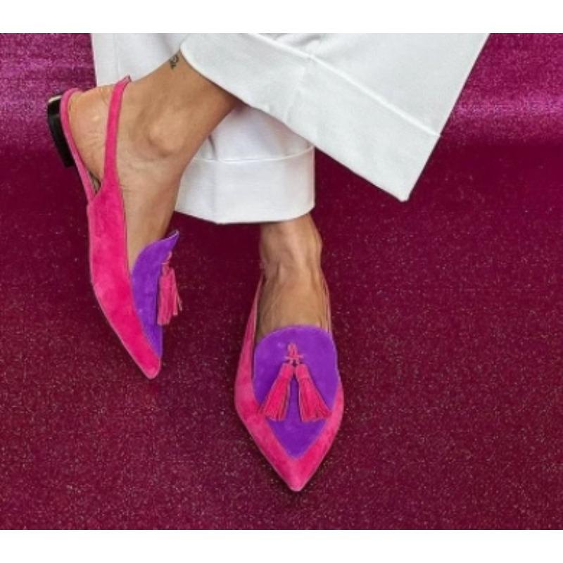 Новый стиль Популярные летние туфли женские с цветными блоками 34-43 Большие Остроносые с кисточками Низкий каблук Задние воздушные сандалии Высокие каблуки Женская обувь