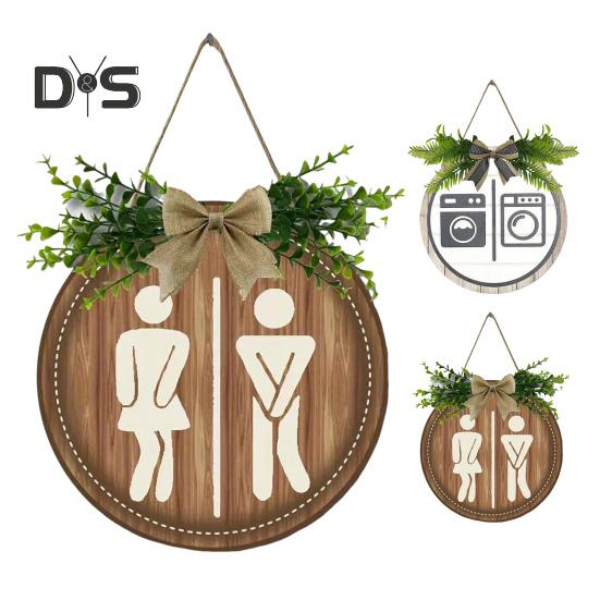 Деревянный гендерный тег туалетная прачечная знак с бантом деревенский подвесной знак с искусственными зелеными листьями для ванной комнаты прачечная декор