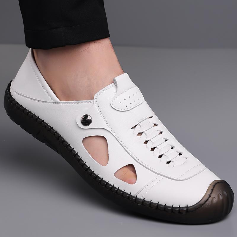 Fashion Breathable Handmade Hollow Out Leather Men Loafers Shoes Slip On Leather Outdoor Men Flats Sandals Daily Commute Casual Sandals