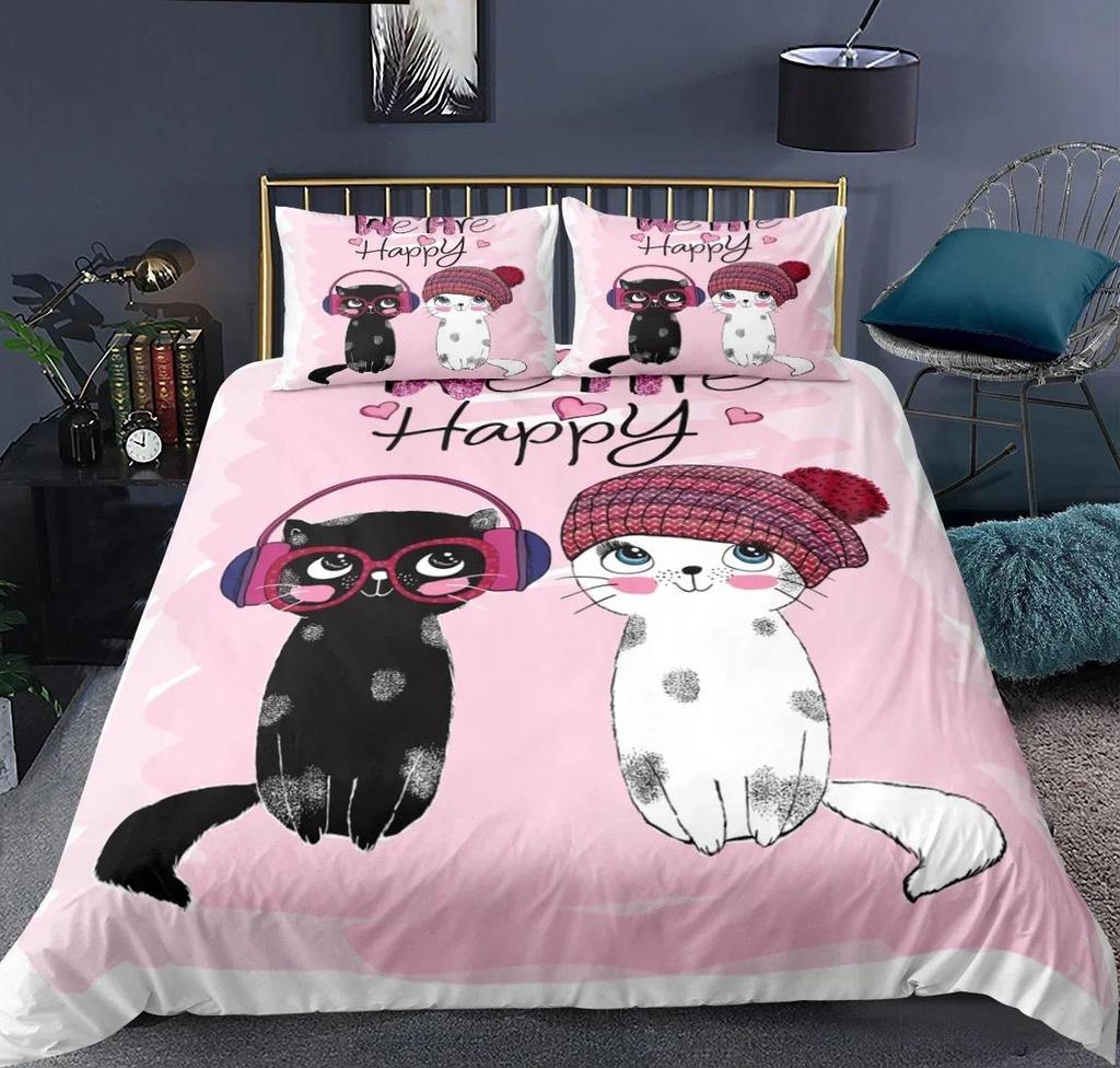 Мультяшный Милый Кот Пуховое Одеяло Пододеяльник 3-х Предметный Комплект Односторонней Печатью Постельное Белье Удобный Пододеяльник С 2 Наволочками