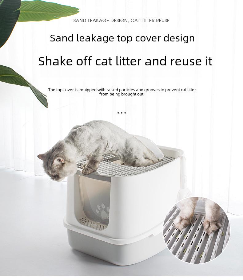 Очень большой, полностью закрытый, легкоочищаемый кошачий туалет с дезодорирующими и съемными функциями, в комплект входит совок для мусора