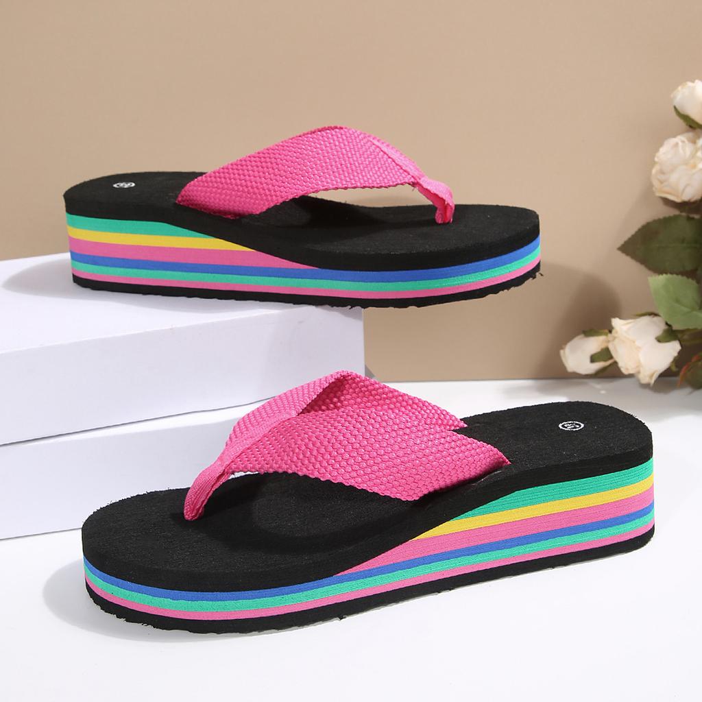 Fashion Women's Rainbow Color Platform Flip Flops Summer Thick Sole Lightweight Slip-On Wedges Sandals Girls Beach Thongs Slippers