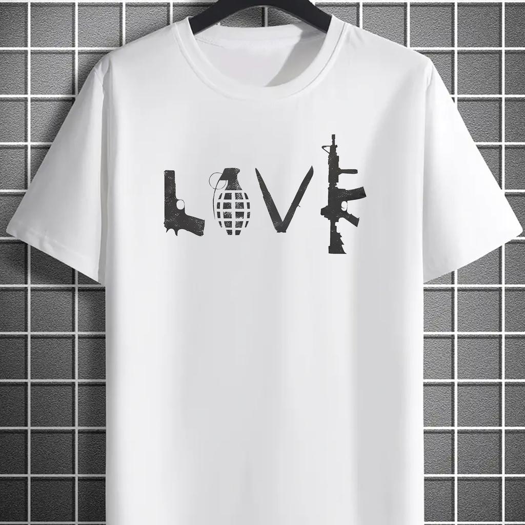 Мужская футболка с принтом 'Lover Gun', круглый вырез, короткий рукав, простой стиль, модная, стандартный крой, повседневный топ