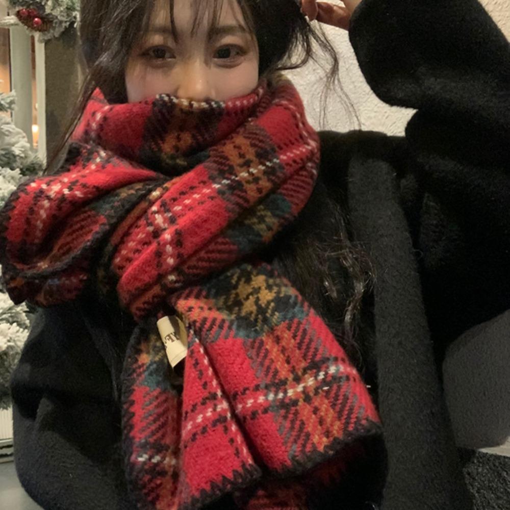 Thick Cashmere Scarves Plush Wool Scarves Retro Red Plaid Scarf Student