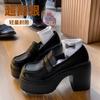 Маленькие кожаные туфли женские супервысокий каблук 2025 весна новая увеличивающая рост британский стиль одинарные туфли платформа толстый каблук лоферы женские