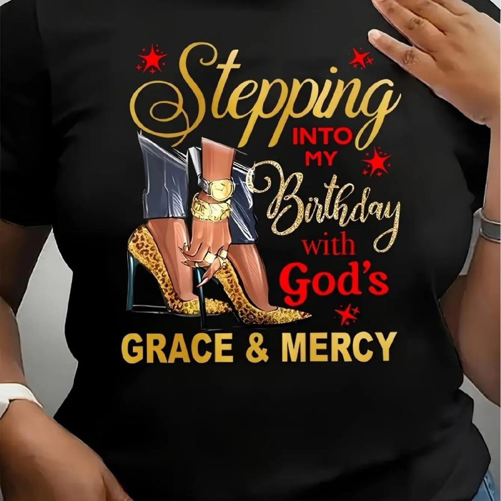 Birthday T-Shirt with God's Grace & Mercy Print Women's Casual Crew Neck Tee Medium Stretch Geometric-Patter
