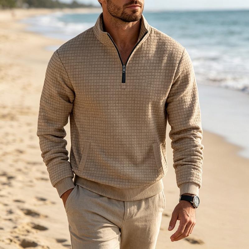Men S Autumn Winter Stand Collar Pullover Sweatshirt Jacquard Plaid Loose Fit
