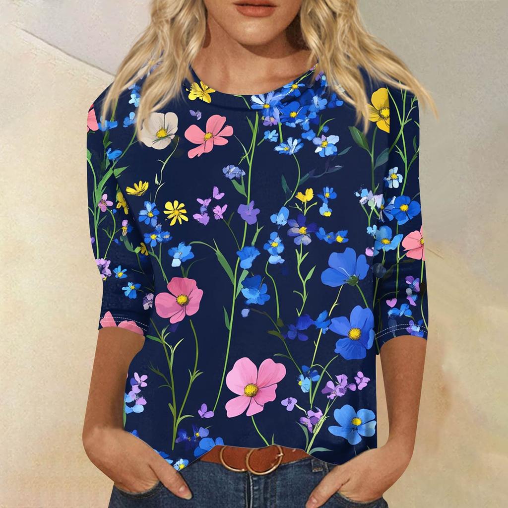 Women's Fashion Casual Seven Sleeve Printed Round Neck T-Shirt Top