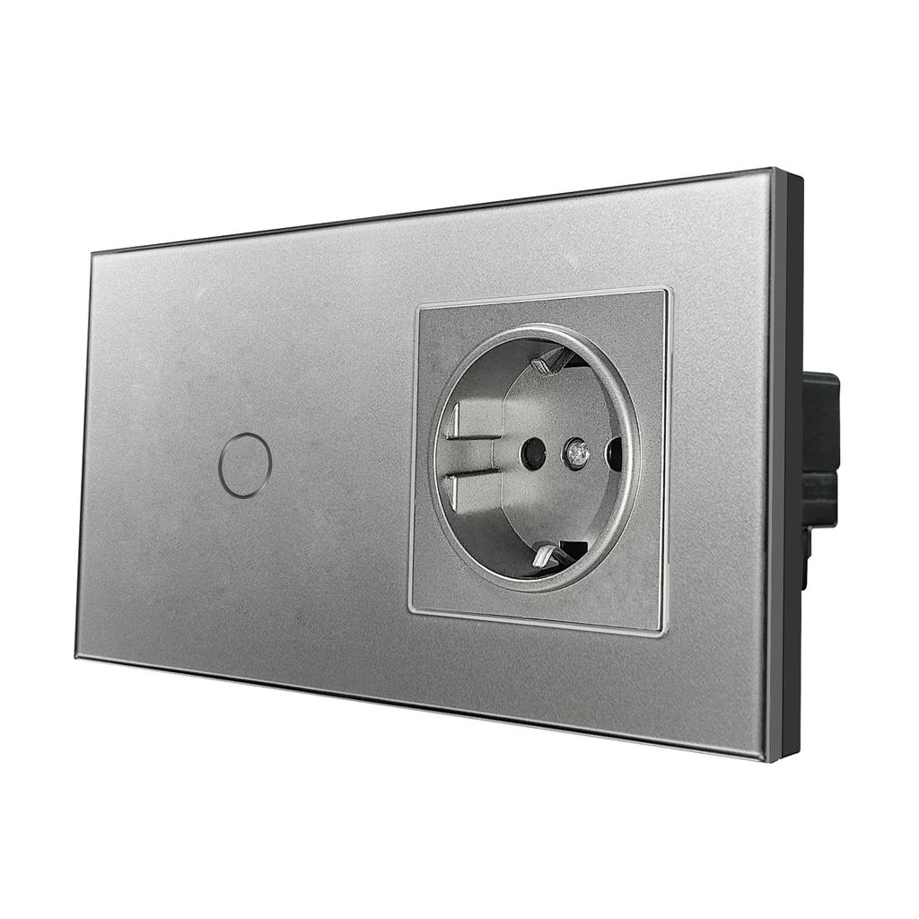 Сенсорный выключатель света из серого закаленного стекла европейского стандарта с разъемом USB C, настенный выключатель 220 В вкл./выкл., круглая нижняя коробка с двумя розетками