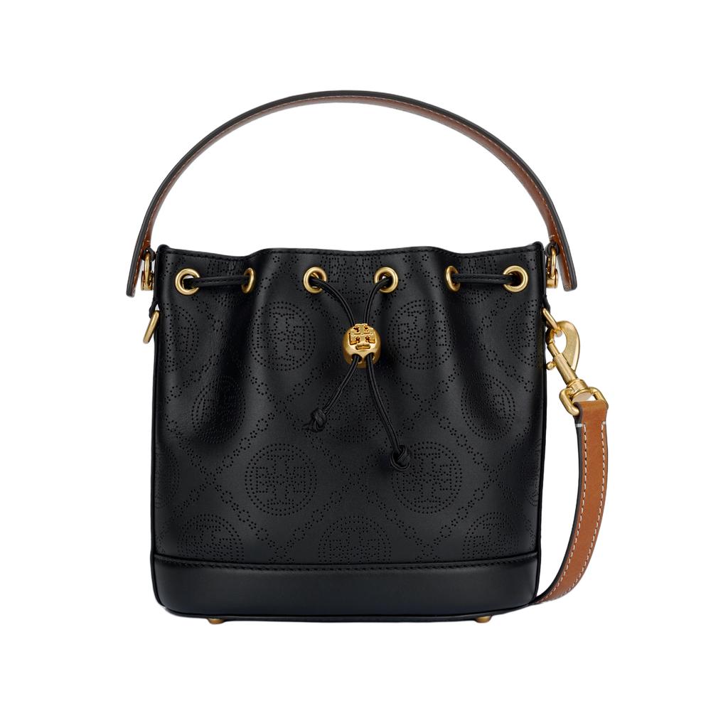 Tory Burch T Monogram Double T Logo Quilted Perforated Detachable Shoulder Strap Drawstring Leather Bucket Bag Women bags Black 151791-001