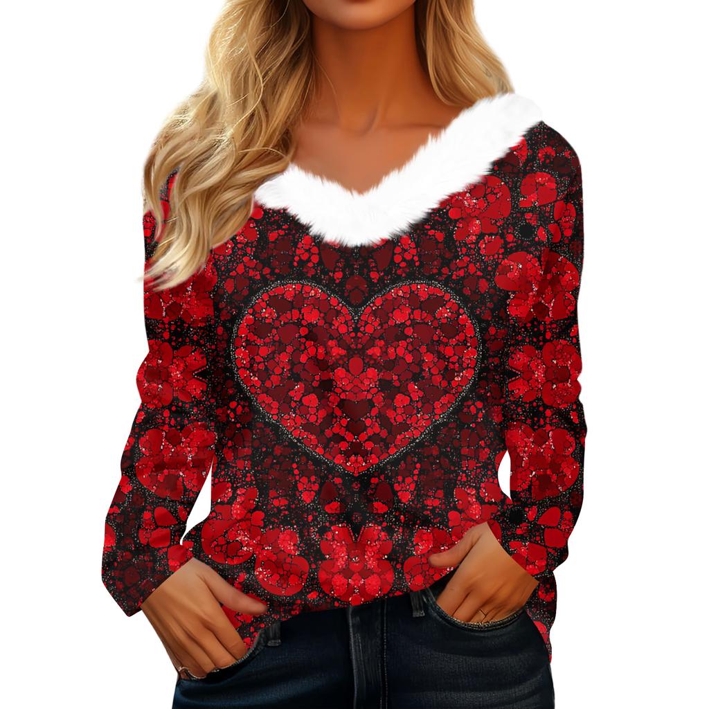 Women's Valentine's Day Printed Long-Sleeved Shirt, V-Neck, Casual Loose-Fitting T-Shirt Top
