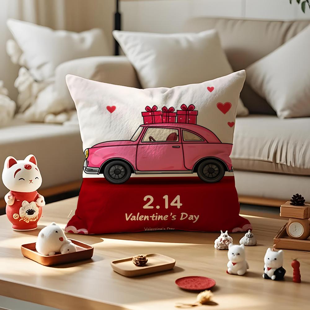 Valentines Day Cartoon Car Cushion Cover Silky Short Plush with Invisible Zipper Dustproof Sofa Pillow Case for Home Decor