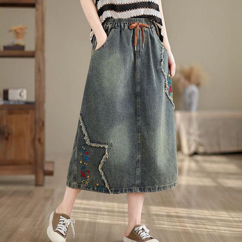 Юбка-полуюбка из хлопка для женщин, летняя повседневная универсальная джинсовая юбка, свободная, удобная, большого размера, с высокой талией, эластичная юбка-полуюбка