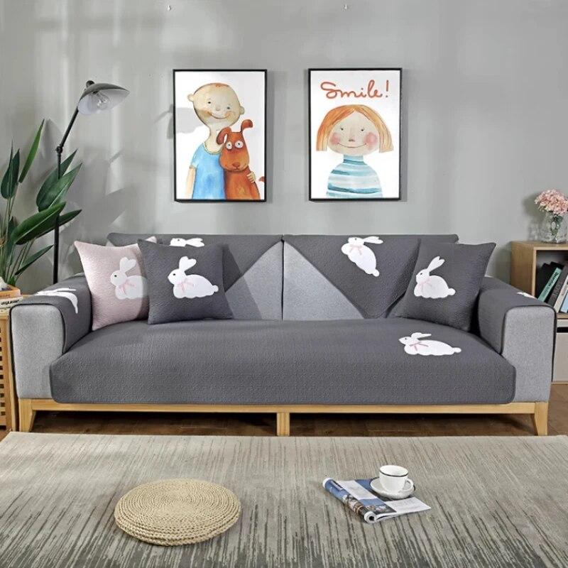 Modern Simple Couch Cushion Comfortable Dustproof Non Slip Rabbit Print Sofa Towel Versatile Living Room Rabbit Decor Mats