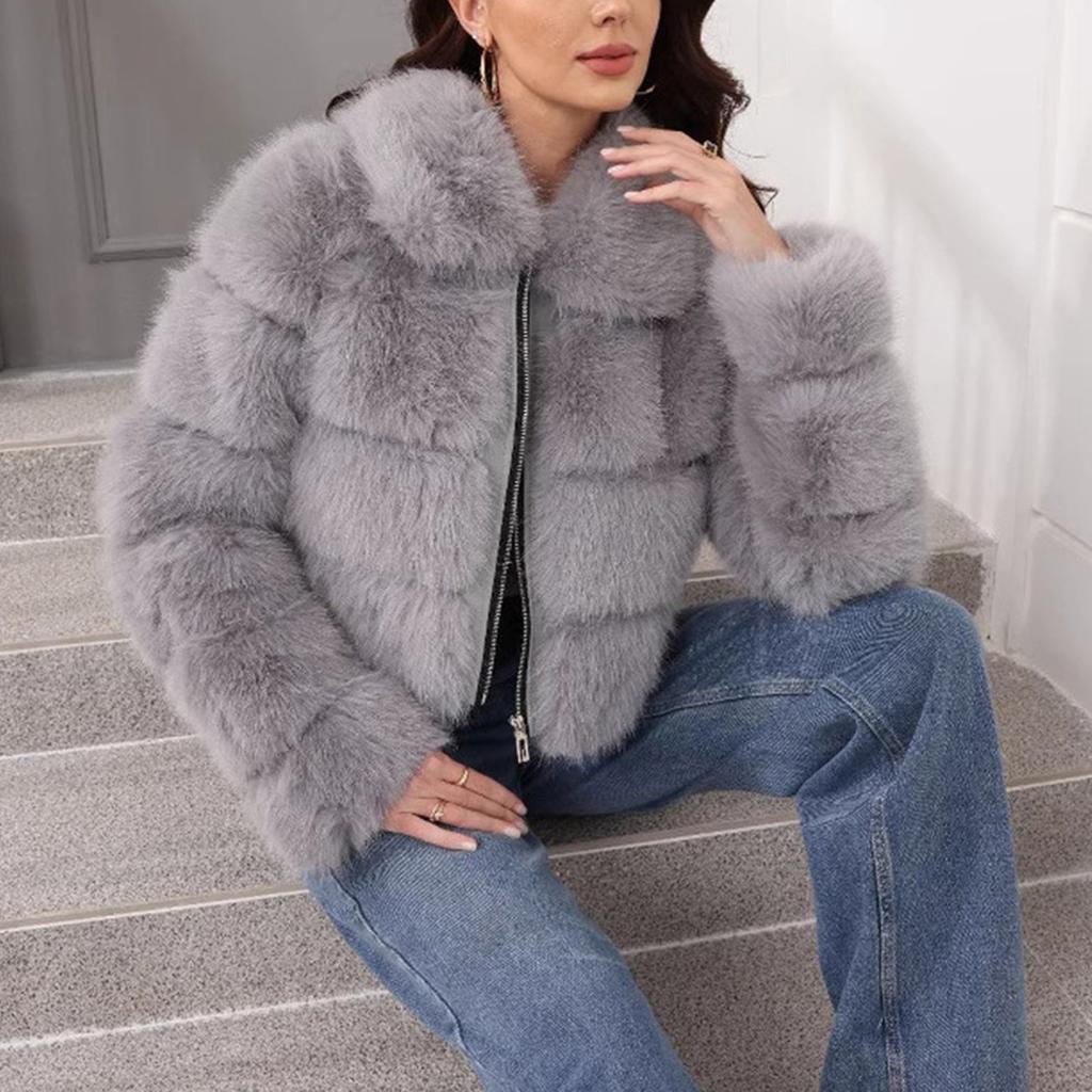 Women's Fashionable Warm Long Sleeve Solid Color Furry Collar Coat