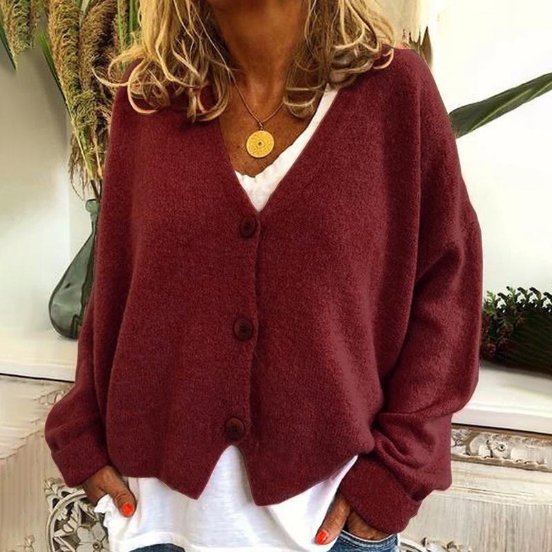 Knitted Womens Plain Coat Cardigan Ladies Button Loose Jumpers Sweater Size Plus