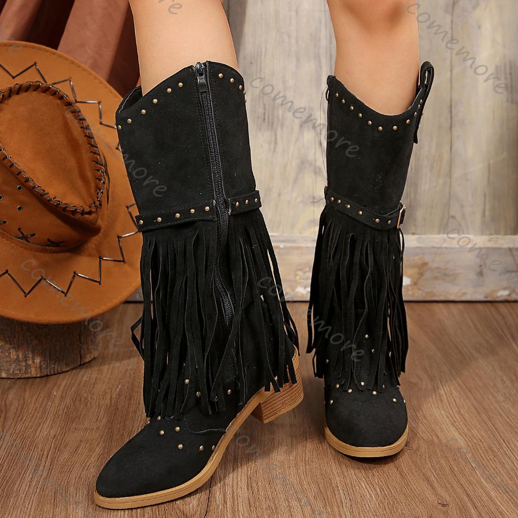 Fashion Comemore Autumn Winter Women High Boots Suede Pointed Toe Outdoor Fashion Retro Style Tassel Rivets Belt Buckle Mid-calf Boots