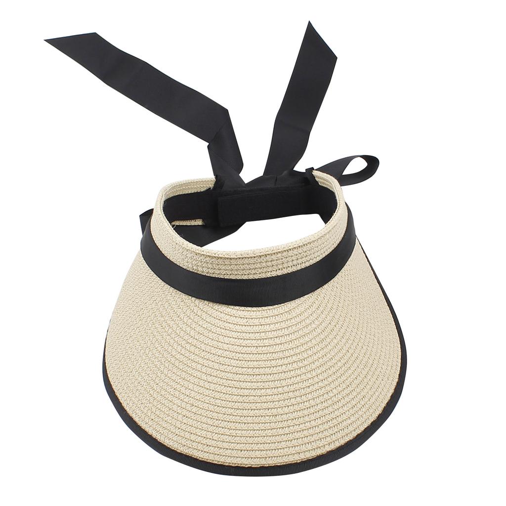 Women Sun Visor Hat Adjustable Wide Brim Bowknot Straw Hat Beach Hat
